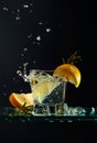 Cocktail gin-tonic with lemon and rosemary on a glass table