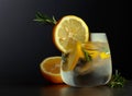 Cocktail gin-tonic with lemon slices and twigs of rosemary on a black background Royalty Free Stock Photo