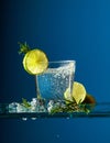 Cocktail gin-tonic with lime and rosemary on a glass table