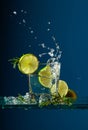 Cocktail gin-tonic with lime and rosemary on a glass table