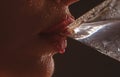 Cocktail girl closeup. Alcohol party. Sensual woman drinking martini. Royalty Free Stock Photo