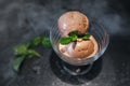 Cocktail glass with chocolate ice cream mini balls with fresh mint, mint over black burnt wooden background. Dessert