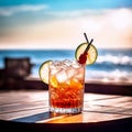 The cocktail is in a glass. It consists of juice, lemon, vodka, gini and ice cubes. Royalty Free Stock Photo