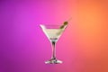 Cocktail glass with dry martini with olives isolated over gradient purple and orange color background in neon. Royalty Free Stock Photo