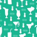 Cocktail glass seamless vector pattern. White alcohol drinking glasses on a teal background with Cheers lettering and pineapples. Royalty Free Stock Photo