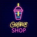 Cocktail glass with a straw neon light icon. Coffee shop brush lettering. Night signboard. Isolated vector illustration Royalty Free Stock Photo