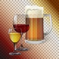 Cocktail glass, wine glass, mug with beer Royalty Free Stock Photo