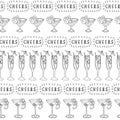 Cocktail glasses black in a row on a white background with Cheers lettering Seamless vector pattern. Great for restaurant and bar Royalty Free Stock Photo