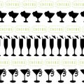 Cocktail glasses black silhouettes on a white background with Cheers lettering in green. Seamless vector pattern. Great for Royalty Free Stock Photo