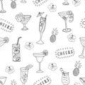 Cocktail glasses black on a white background with Cheers lettering, pineapples, and hibiscus flowers. Monochrom seamless vector Royalty Free Stock Photo