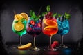 Cocktail glasses in colorful with a black background. AI generated