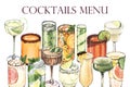 Cocktail glasses: martini, gin, margarita, mojito, liquor, rum, moscow mule. Watercolor hand-drawn illustration isolated Royalty Free Stock Photo