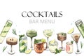 Cocktail glasses: martini, gin, margarita, mojito, liquor, rum, moscow mule. Watercolor hand-drawn illustration isolated Royalty Free Stock Photo