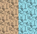 Cocktail glasses seamless pattern. Outline gray contour of martini, wine glass, cherry fruit, lemon slice. Blue, craft