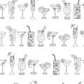 Cocktail glasses seamless vector pattern. Monochrome design. Black drinking glasses in a row on a white background. Great for Royalty Free Stock Photo