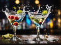 Cocktail glasses and splashing cocktail on bar background. Generative ai