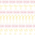 Cocktail glasses yellow in a row on a white background with Cheers lettering in red. Seamless vector pattern. Great for Royalty Free Stock Photo