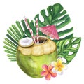 Cocktail green coconut straw umbrella beach drink. Monstera leaves, frangipani flowers. Hand drawn watercolor