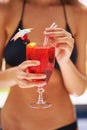 Cocktail, hand and woman in bikini on vacation, weekend break and summer party in Fort Lauderdale. Person, glass and