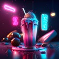 Cocktail with ice cream in neon light. 3d vector illustration Generative AI Royalty Free Stock Photo