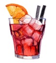 Cocktail with ice and orange isolated on white, watercolor illustration