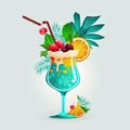 Cocktail Icon, Tropical Fruit Alcohol Drink, Party Bar, Summer Ice Coctail Drawing Imitation