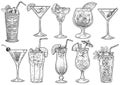 Cocktail illustration, drawing, engraving, ink, line art, vector
