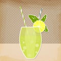 Cocktail lemon lime background. Glass of drink with tubule. Retro lemonade