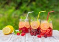 Cocktail of lemon, strawberry, raspberry, cherry and mint Royalty Free Stock Photo