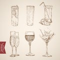 Cocktail lemonade wine alcohol glasses engraving vintage Royalty Free Stock Photo