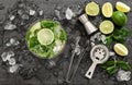 Cocktail with lime, mint and ice. Bar drink accessories Royalty Free Stock Photo