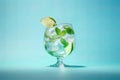 Cocktail with lime, mint and ice on blue background. Generative AI