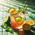 Cocktail with lime, mint and ice on green tile background. Royalty Free Stock Photo