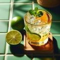 Cocktail with lime, mint and ice on green tile background. Royalty Free Stock Photo