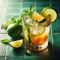 Cocktail with lime, mint and ice on green tile background. Royalty Free Stock Photo