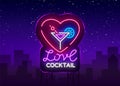 Cocktail logo in neon style. Love Cocktail. Neon sign, Design template for drinks, alcoholic beverages. Light banner Royalty Free Stock Photo