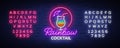 Cocktail logo in neon style. Rainbow Cocktail. Neon sign, Design template for drinks, alcoholic. Light banner, Bright Royalty Free Stock Photo