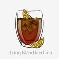 Cocktail long island ice tea. Dark orange cocktail ice cubes lime slice all day alcohol based vodka.