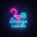 Cocktail lounge neon sign vector. Flamingo concept Design template neon sign, summer light banner, neon signboard