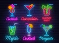 Cocktail Margarita, Blue Hawaiian,Mojito,Bloody Mary, Cosmopolitan and Tequila sunrise neon sign on brick wall Royalty Free Stock Photo