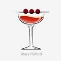 Cocktail mary pickford. Dark orange cocktail cocktail cherry on straw.