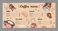 Coffee menu design template with list of hot drinks, brunch and desserts Royalty Free Stock Photo