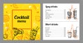 Cocktail menu design template with list of drinks. Vector outline colorful vintage hand drawn illustration Royalty Free Stock Photo