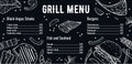 Grill menu horizontal design template with list of meat, fish and burgers. Outline vector hand drawn sketch illustration with diff