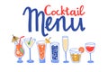 Cocktail menu. Hand drawn bright set of cold alcoholic beverages  tropical bar drinks  minimal style party decoration  doodle Royalty Free Stock Photo
