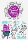 Cocktail drink menu template for restaurant with doodle hand-drawn graphic Royalty Free Stock Photo