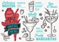 Cocktail drink menu template for restaurant with doodle hand-drawn graphic. Royalty Free Stock Photo