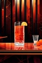 Cocktail Negroni with ice and orange peel in tall vintage retro crystal cut glass at the bar.