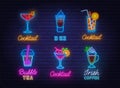 Cocktail Neon Sign Set on brick wall  background. Royalty Free Stock Photo