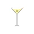 Cocktail with olive on toothpick isolated on white background. Trendy alcohol drink. Tasty flat vector illustration